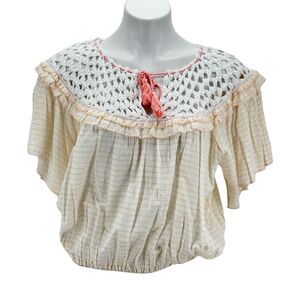 Free People Women’s Allora white peach combo Flutter ruffled blouse Sz M NEW $98